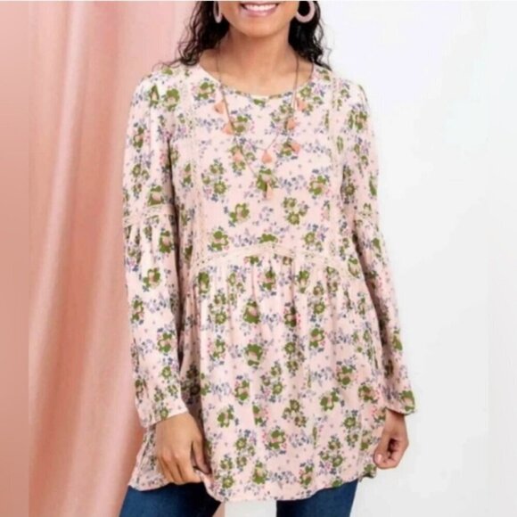 Matilda Jane Women's Size M Pink Floral Like A Lady Bohemian Crochet Tunic Top - Picture 1 of 12